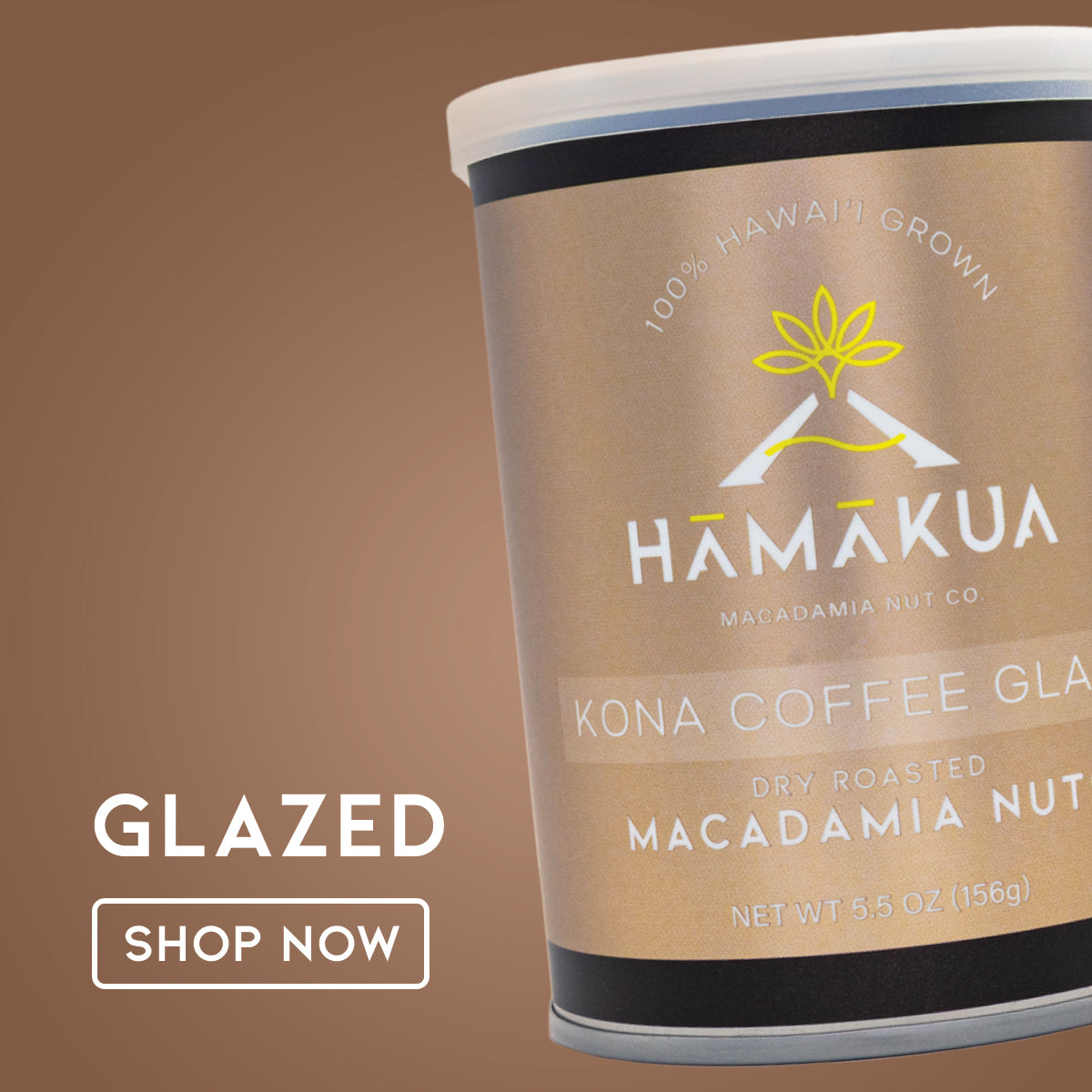 Hāmākua Macadamia Nut Co. Kona Coffee Glazed Macadamia Nut can on a light brown gradient