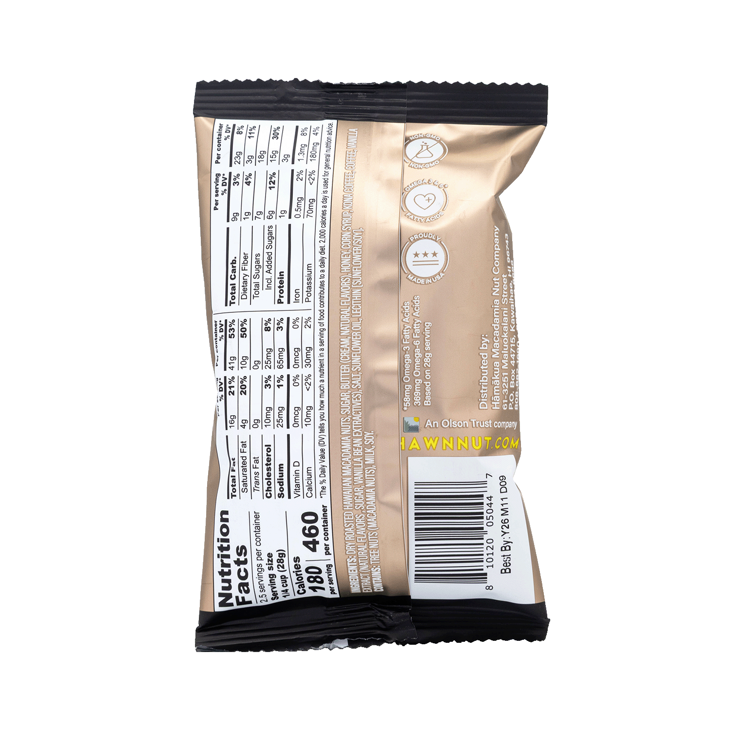 Hāmākua Macadamia Nut Company Kona Coffee Glaze macadamia nuts 2.5oz Pouch nutrition label