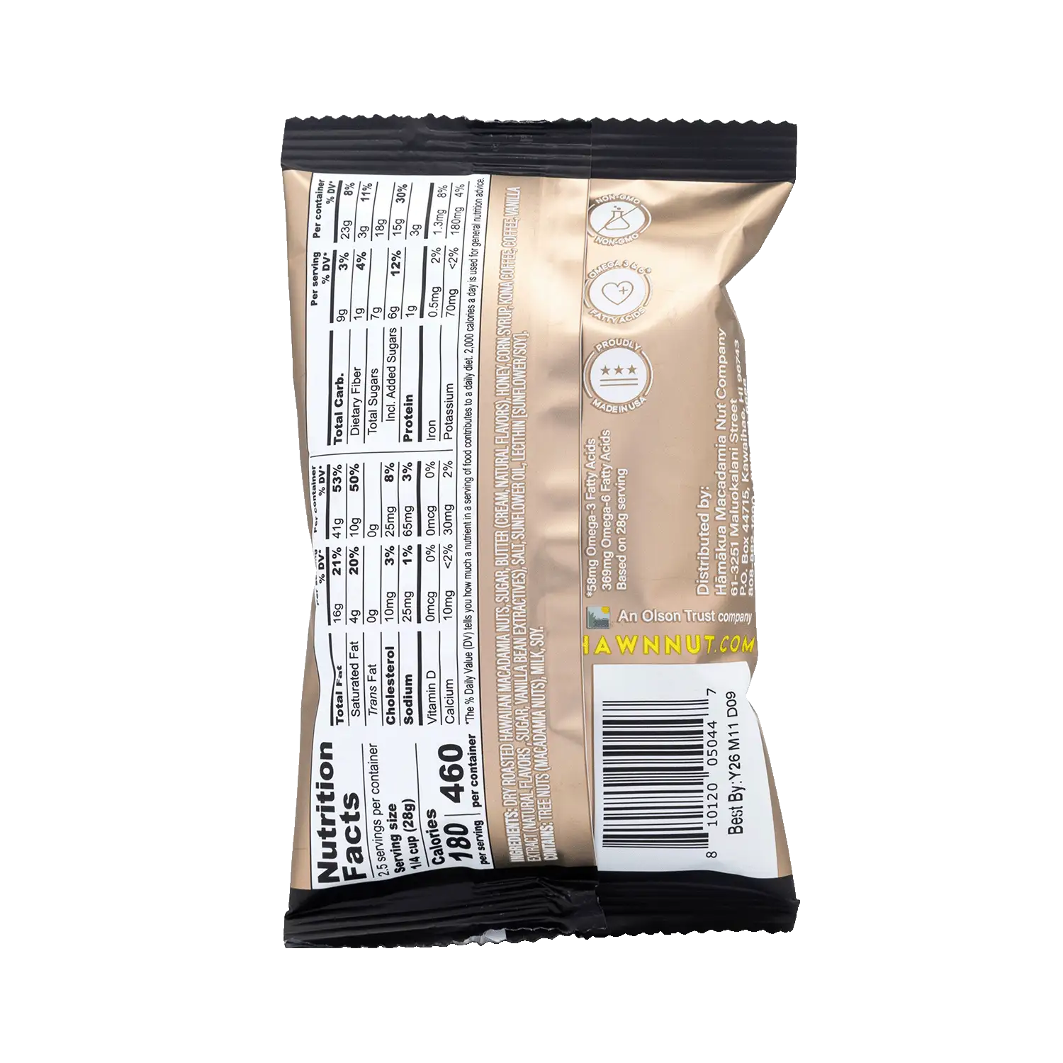 Hāmākua Macadamia Nut Company Kona Coffee Glaze macadamia nuts 2.5oz pouch nutrition label.