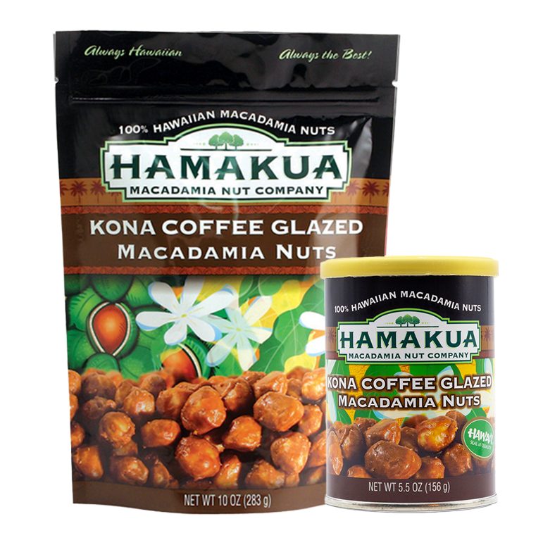 10oz pouch and 5.5oz can of Hāmākua Macadamia Nut Company Kona Coffee Glazed Macadamia Nuts
