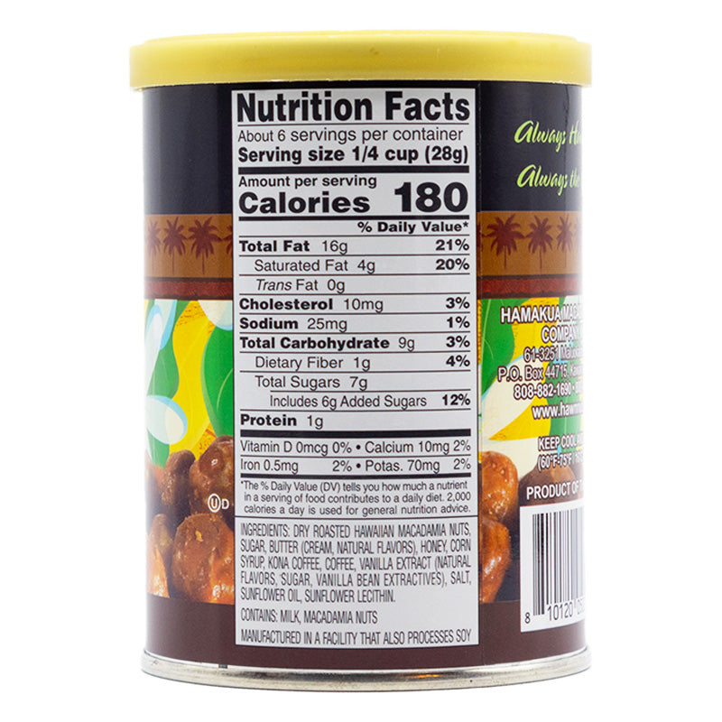 Nutrional label of 5.5oz can of Hāmākua Macadamia Nut Company Kona Coffee Glazed Macadamia Nuts