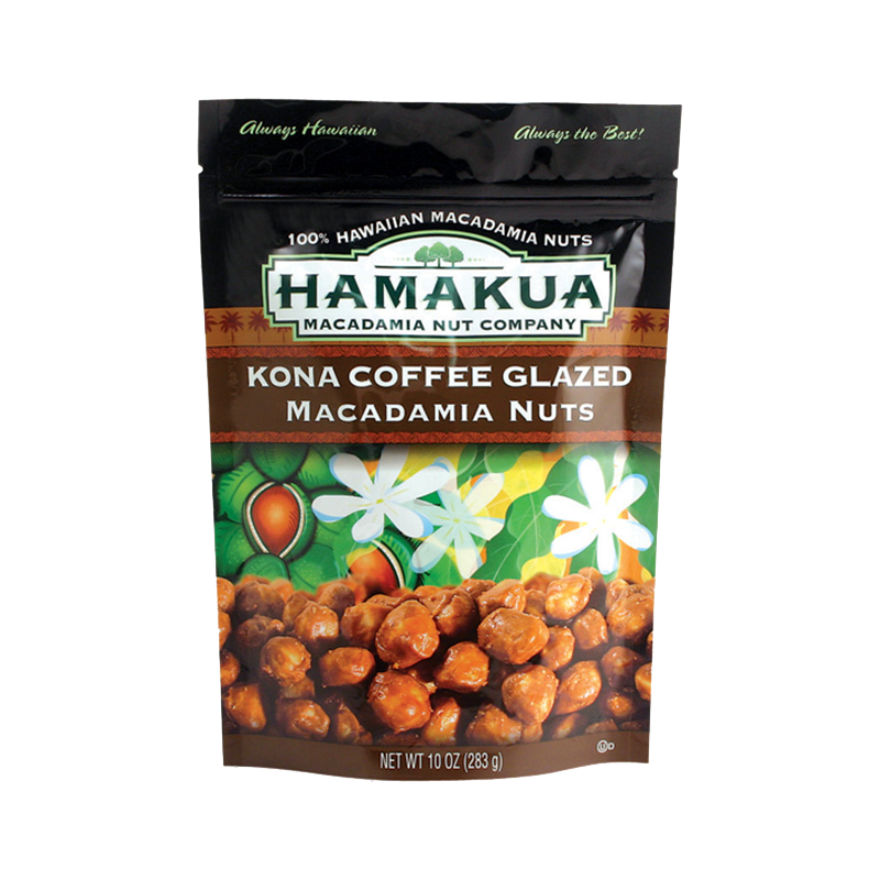 10oz pouch of Hāmākua Macadamia Nut Company Kona Coffee Glazed Macadamia Nuts