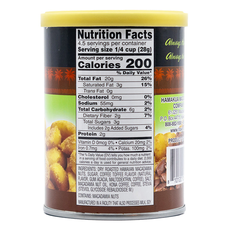 Nutrional label of 4.5oz can of Hāmākua Macadamia Nut Company Kona Coffee Macadamia Nuts