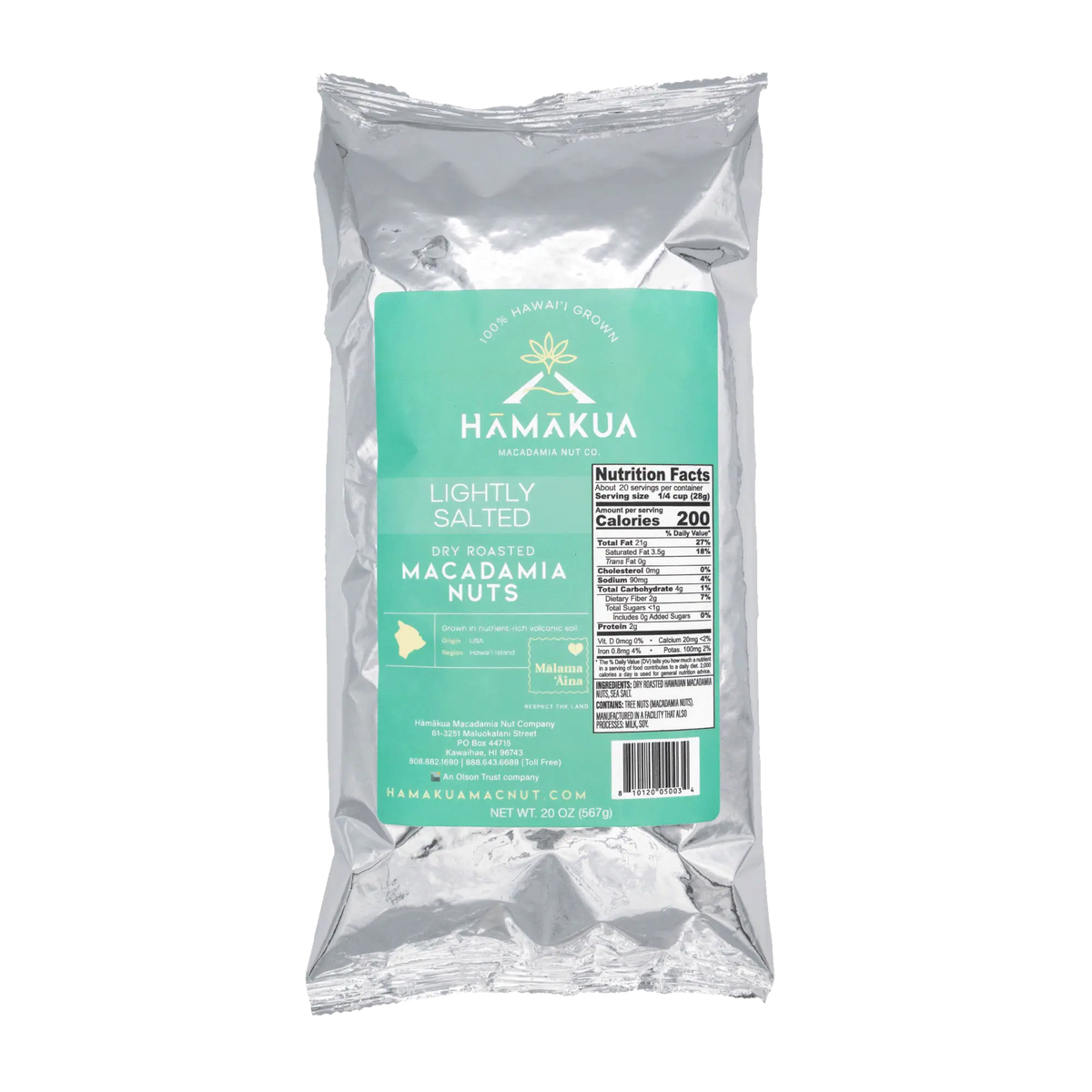 A 20 oz bag of Hāmākua Macadamia Nut Company Lightly Salted Macadamia Nuts in a metallic silver pouch with a mint green label, shown on a plain white background.
