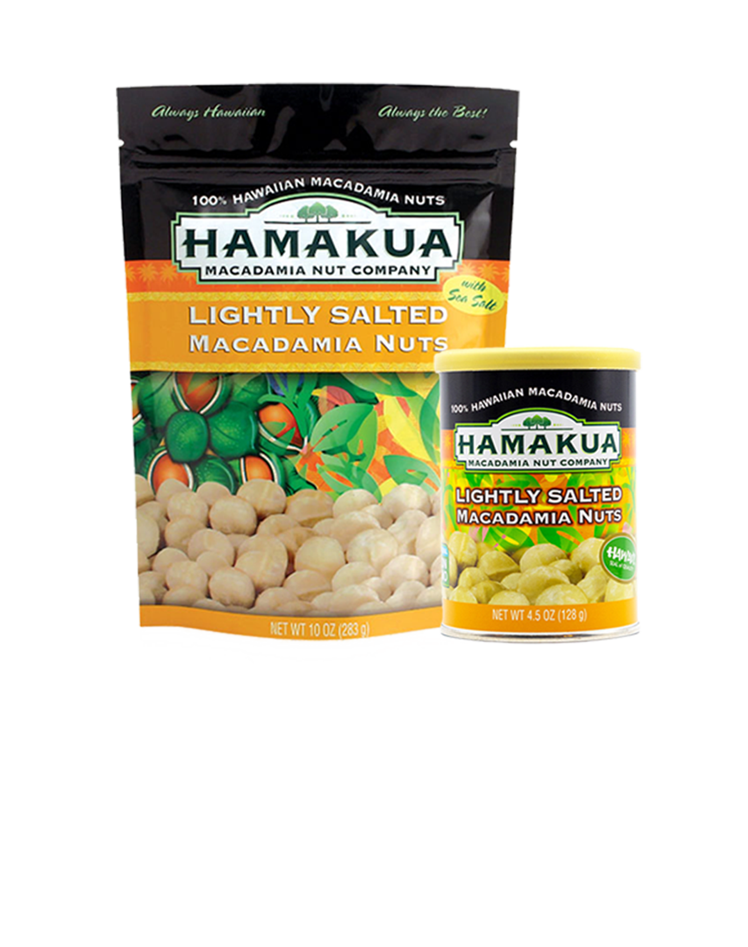 10oz pouch and 4.5oz can of Hāmākua Macadamia Nut Company Lightly Salted Macadamia Nuts