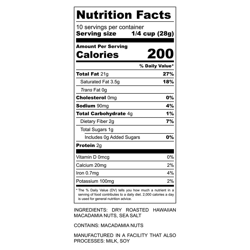 Nutrional label of 4.5oz can of Hāmākua Macadamia Nut Company Lightly Salted Macadamia Nuts