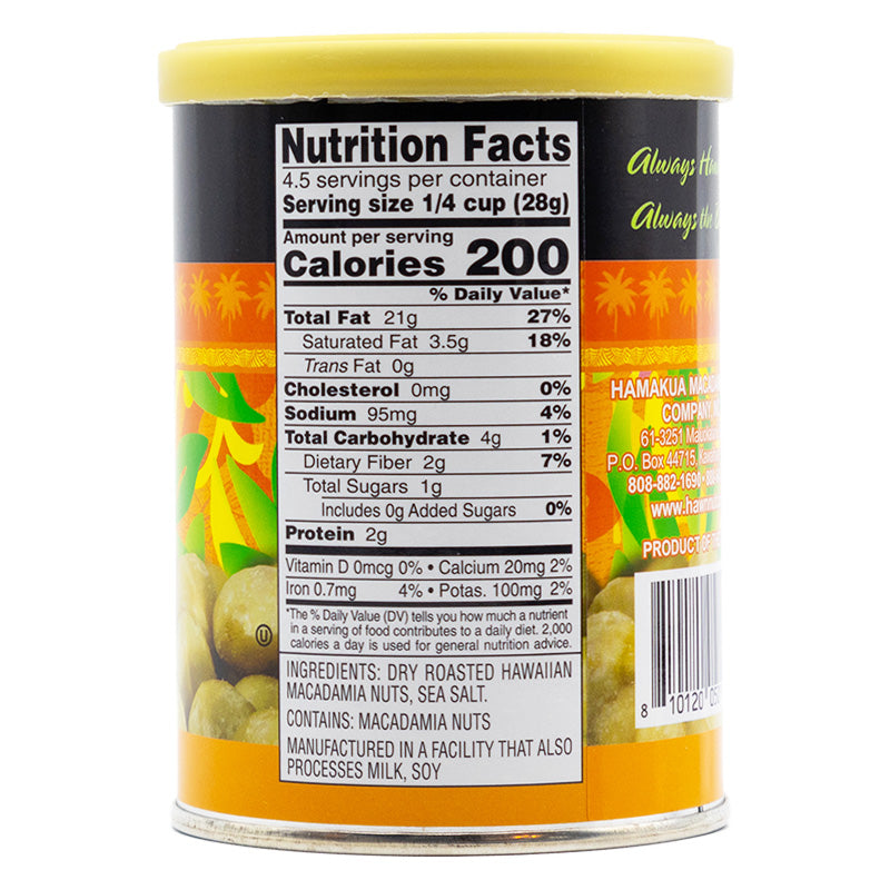 Nutrional label of 4.5oz can of Hāmākua Macadamia Nut Company Lightly Salted Macadamia Nuts