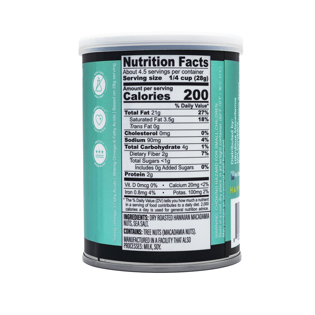 Hāmākua Macadamia Nut Company Lightly Salted macadamia nuts can nutrition label.
