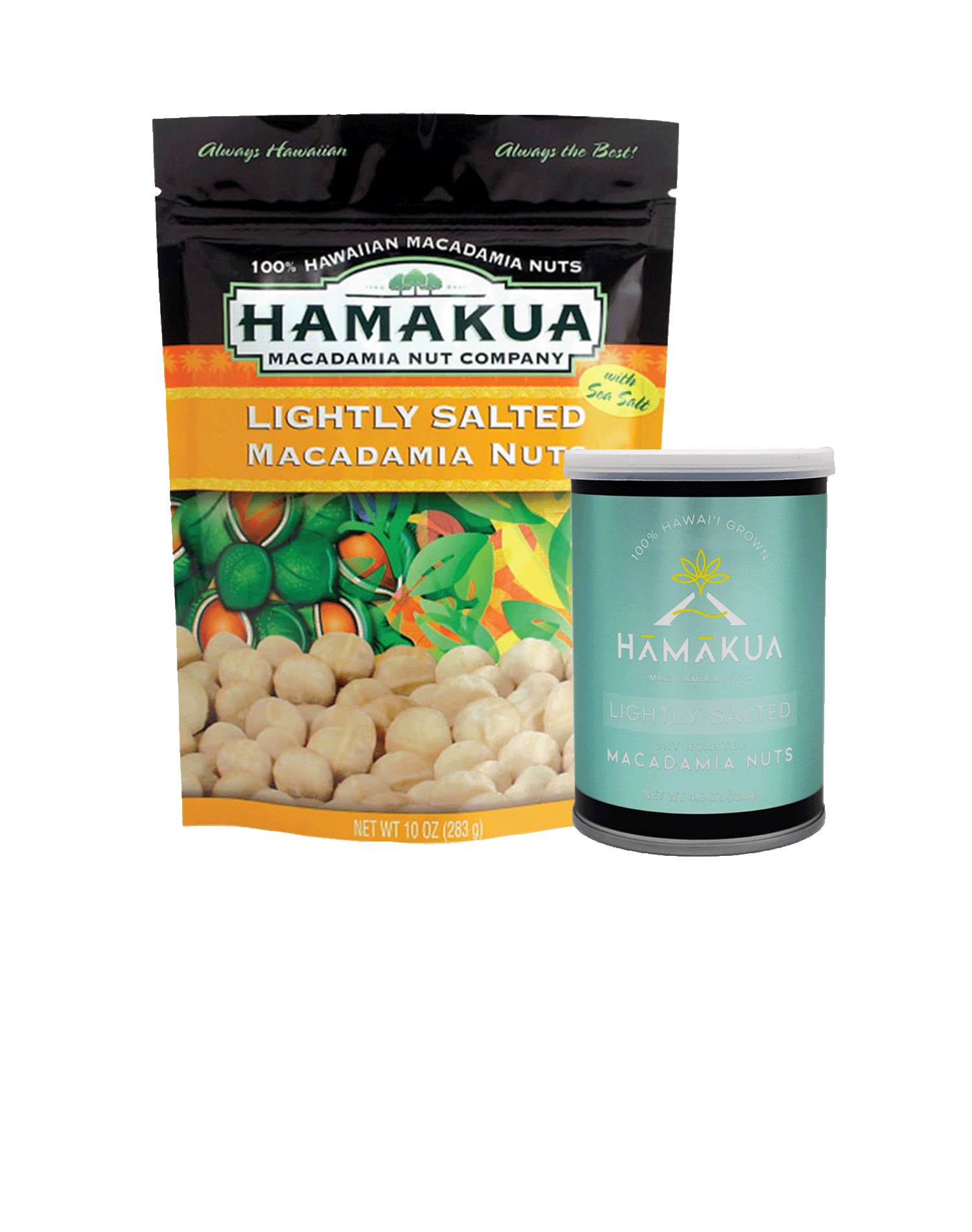 Hamakua macadamia nut Lightly Salted Pouch and can packaging on a white background