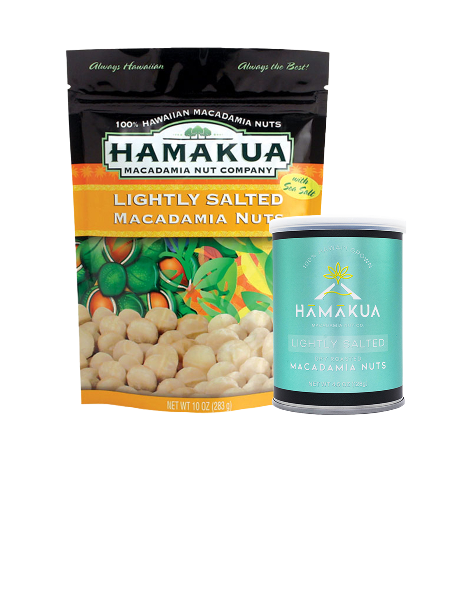 Pouch and can of Lightly Salted Hāmākua Macadamia Nut Co. macadamia nuts