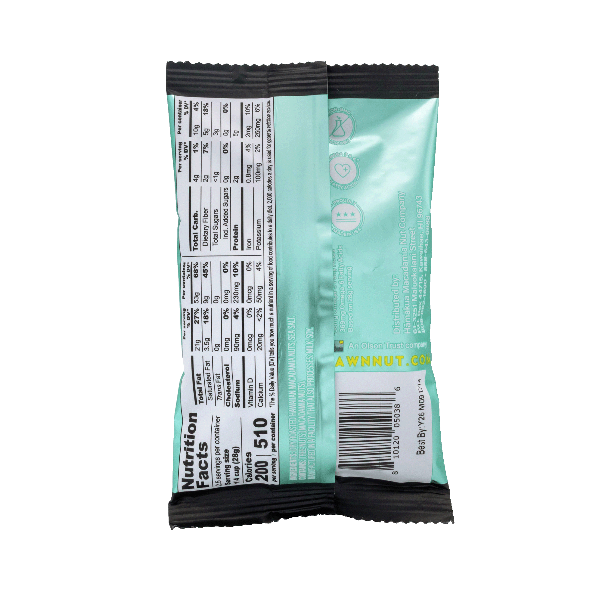 Hāmākua Macadamia Nut Company Lightly Salted Macadamia Nuts 2.5oz Pouch nutrition label