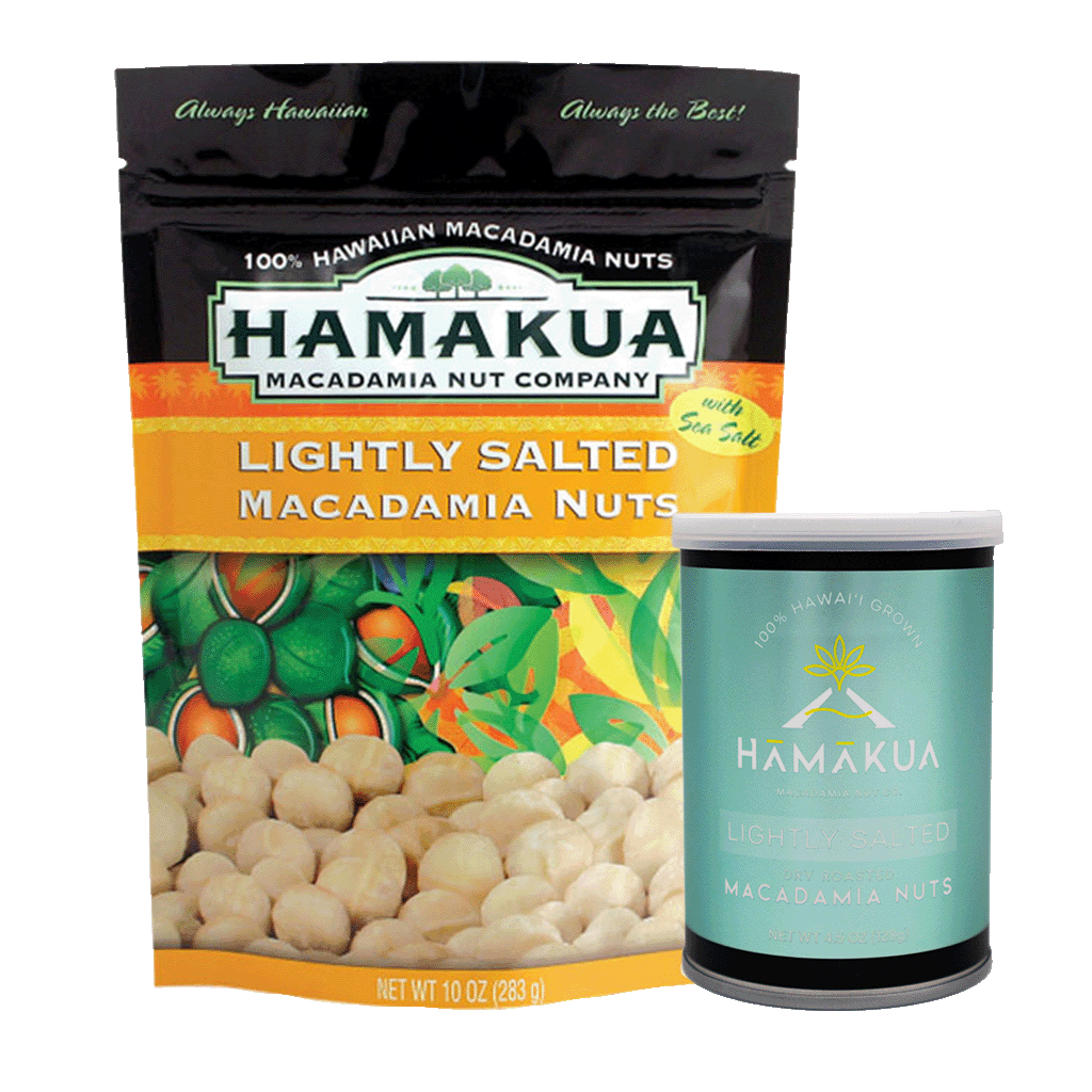 4.5 oz can and 10 oz bag of Lightly Salted Hamakua Macadamia Nut Co. macadamia nuts