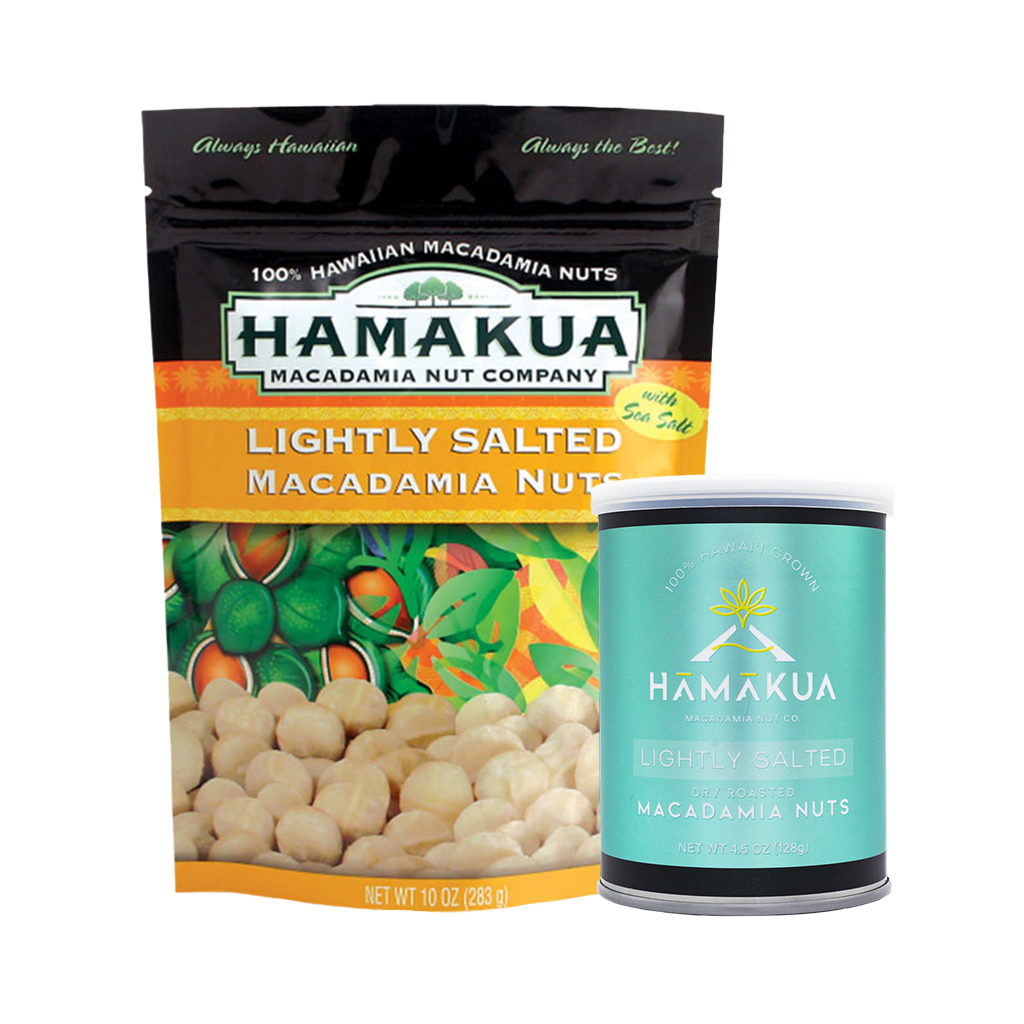 Pouch and can of Lightly Salted Hāmākua Macadamia Nut Co. macadamia nuts