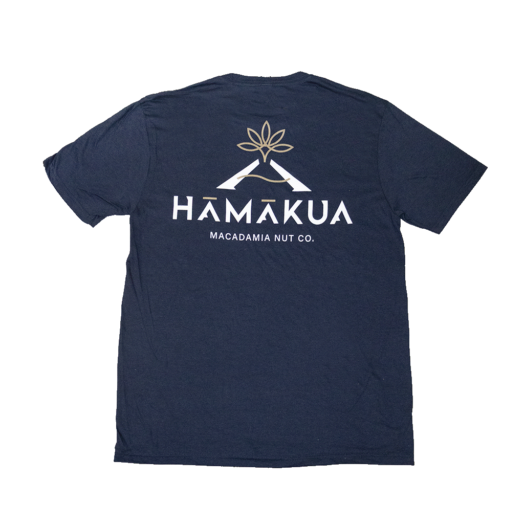 Back of a dark blue t-shirt with a white Hāmākua Macadamia Nut Co logo