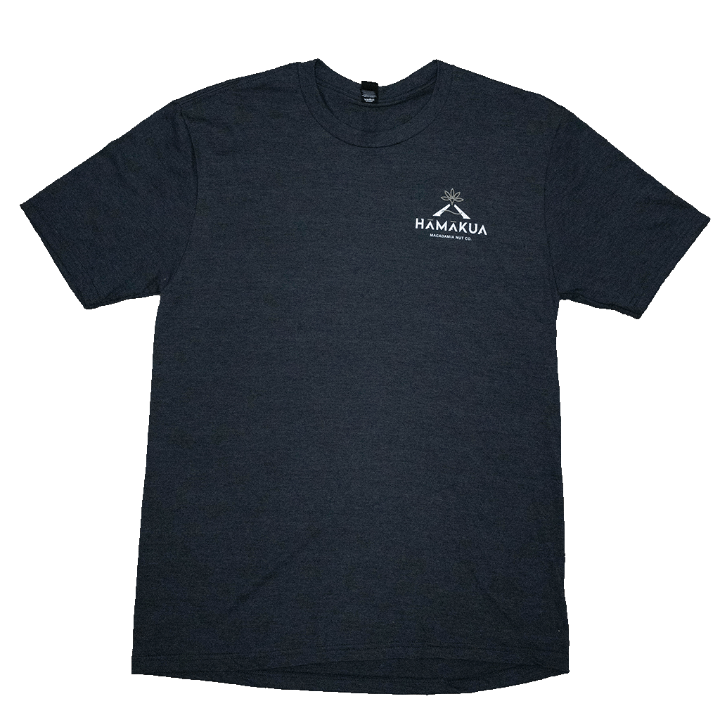 Dark gray t-shirt with a white Hāmākua Macadamia Nut Co logo