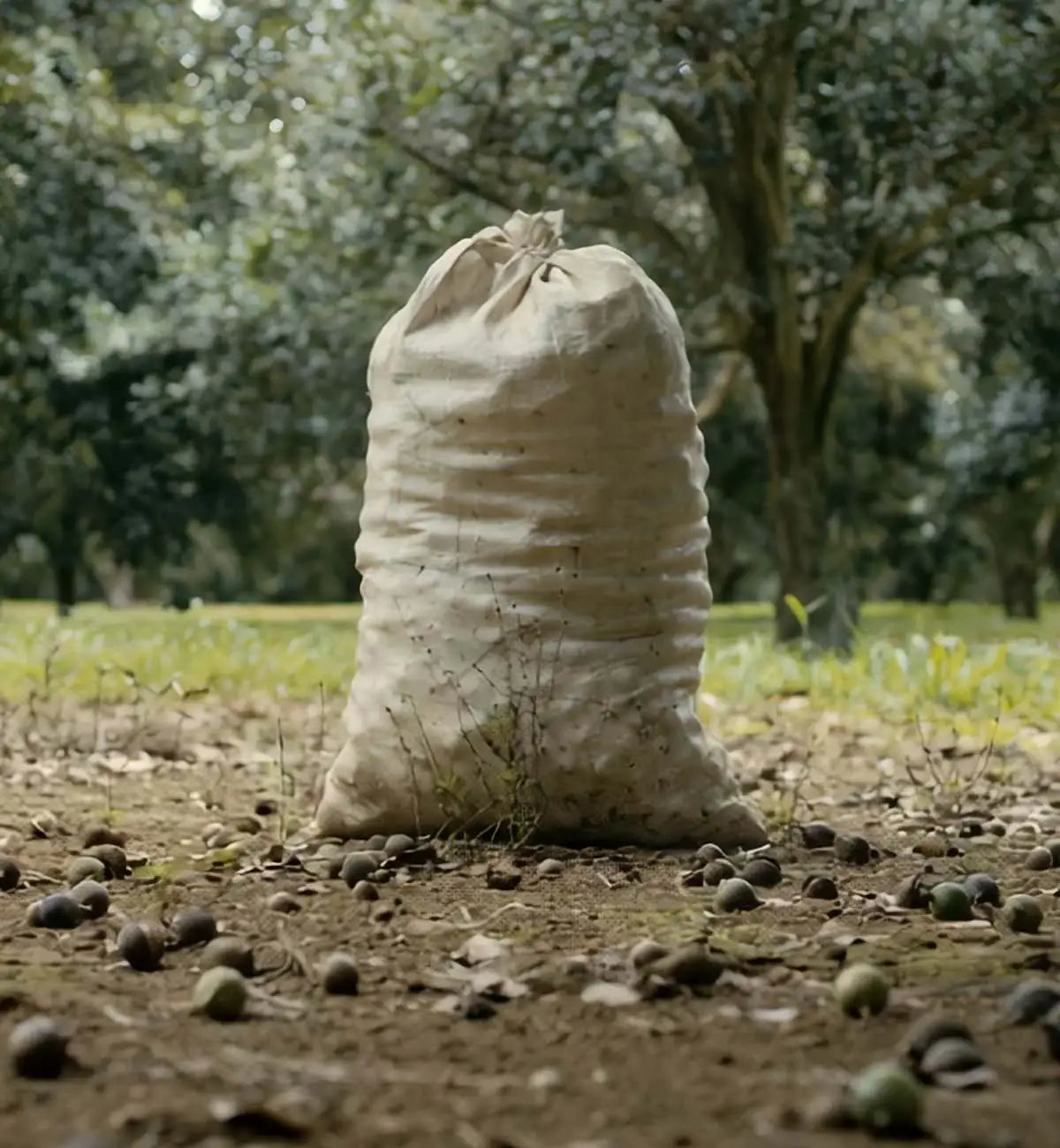 A bag of macadamia nuts sitting in a macadamia nut orchard.