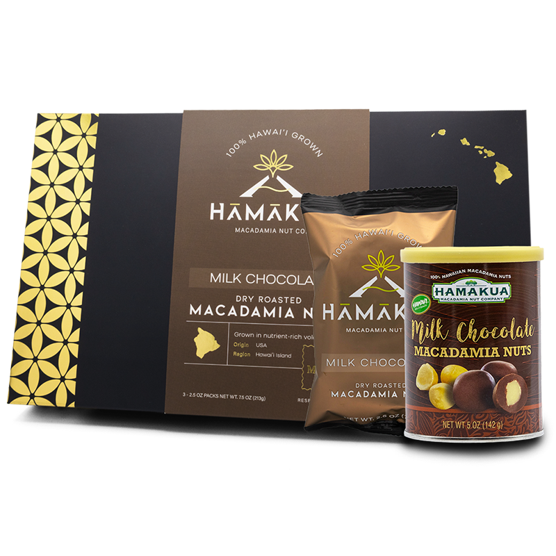 Hamakua Macadamia Nut Company Milk Chocolate packaging for a variety of sizes