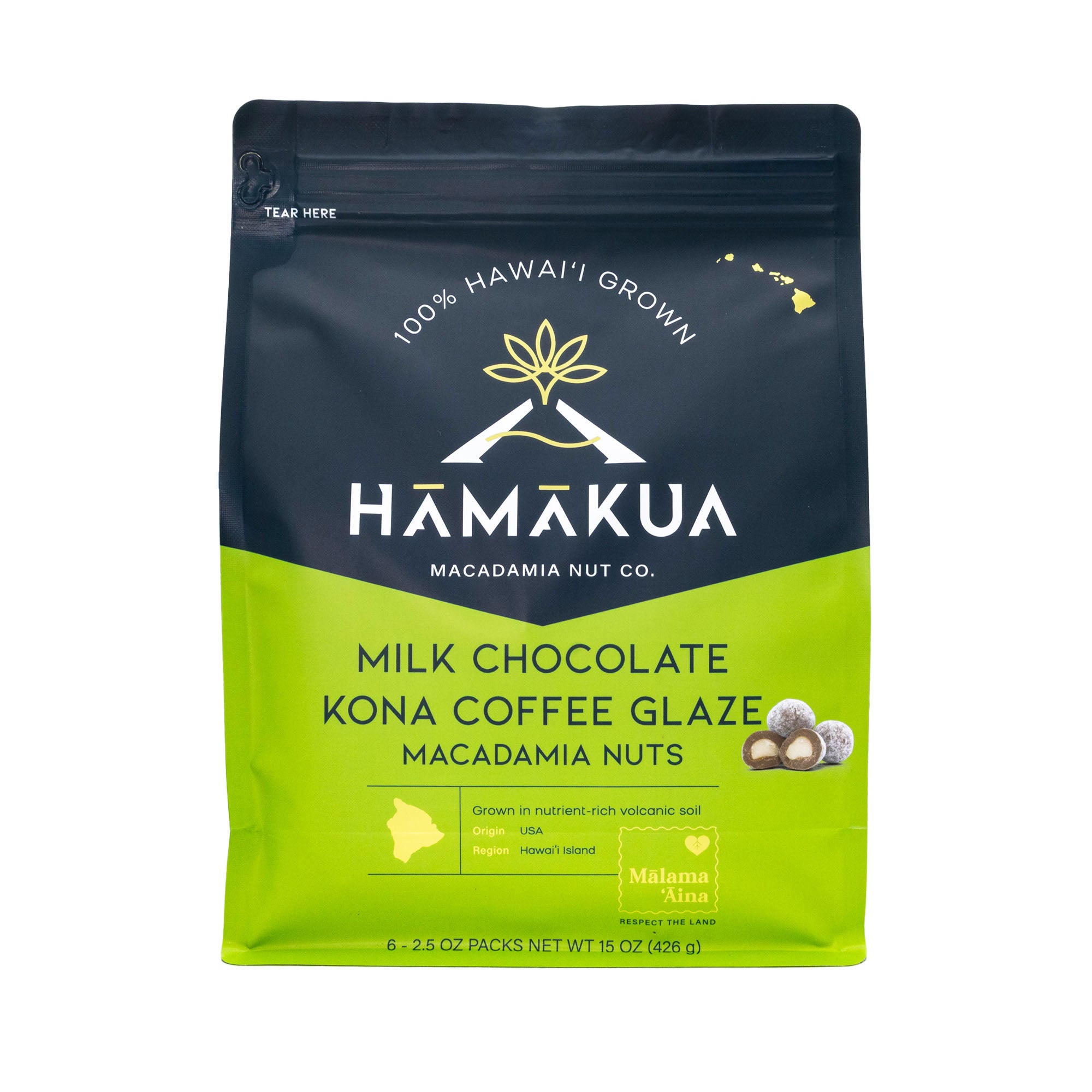 Hāmākua Macadamia Nut Company Milk Chocolate Kona Coffee Glaze macadamia nuts 15oz pouch packaging