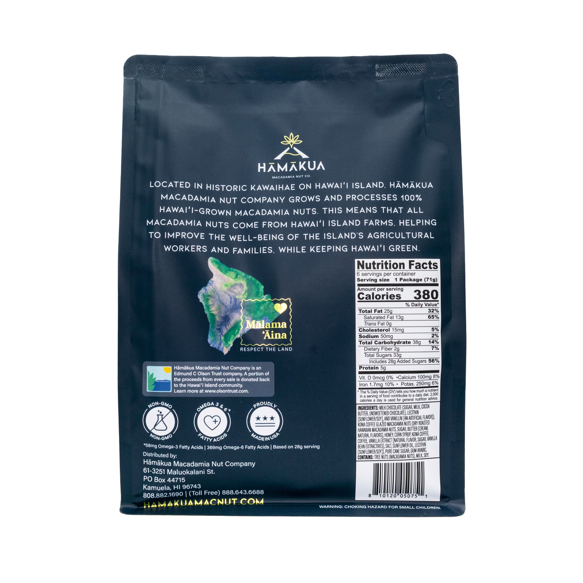 Back panel of Hāmākua Macadamia Nut Company Milk Chocolate Kona Coffee Glaze macadamia nuts 15oz pouch packaging
