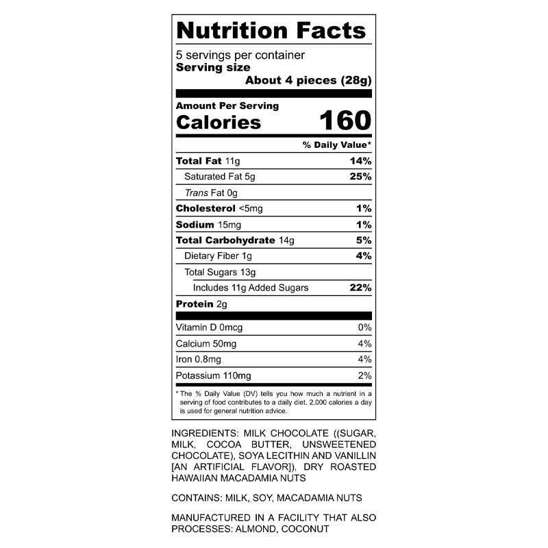 Nutrional label of 5oz can of Hāmākua Macadamia Nut Company Milk Chocolate Macadamia Nuts