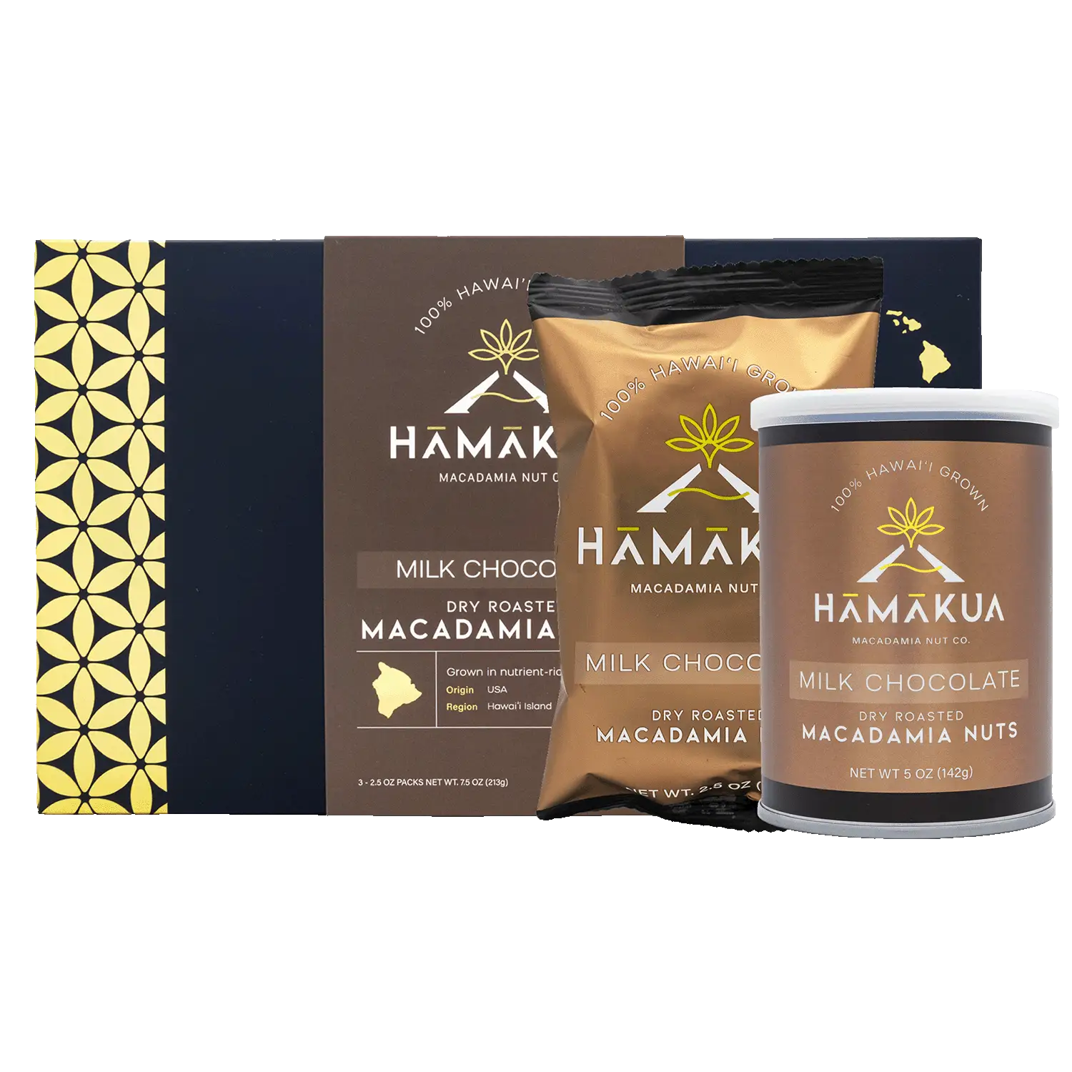 Hāmākua Macadamia Nut Company Milk Chocolate Macadamia Nuts in various size packaging