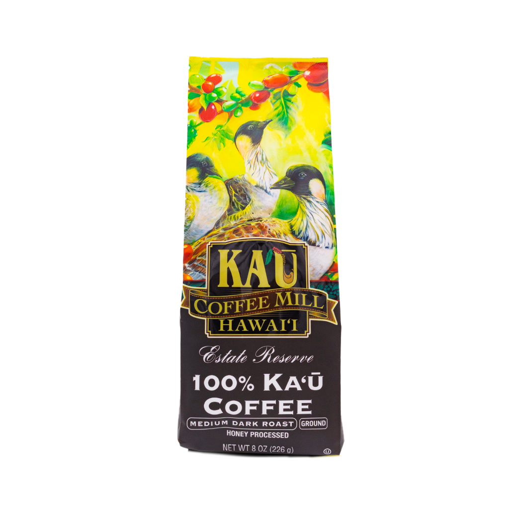 Kau Coffee Mill Hawaii Medium Dark Roast bag with Nene Geese illustration packaging