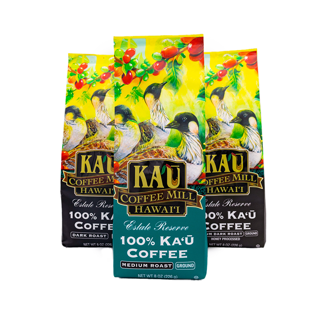 Kau Coffee Mill Hawaii bags with Nene Geese illustration packaging