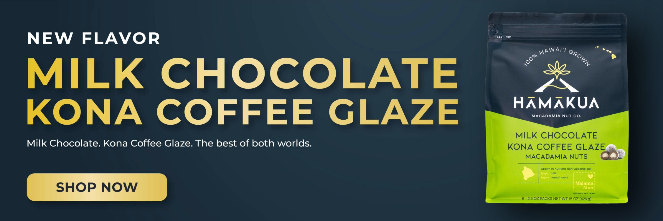 Promotional image for Hāmākua Milk Chocolate Kona Coffee Glaze item with a dark blue background and 'Shop Now' button.