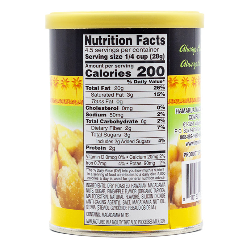 Nutrional label of 4.5oz can of Hāmākua Macadamia Nut Company Pineapple Macadamia Nuts