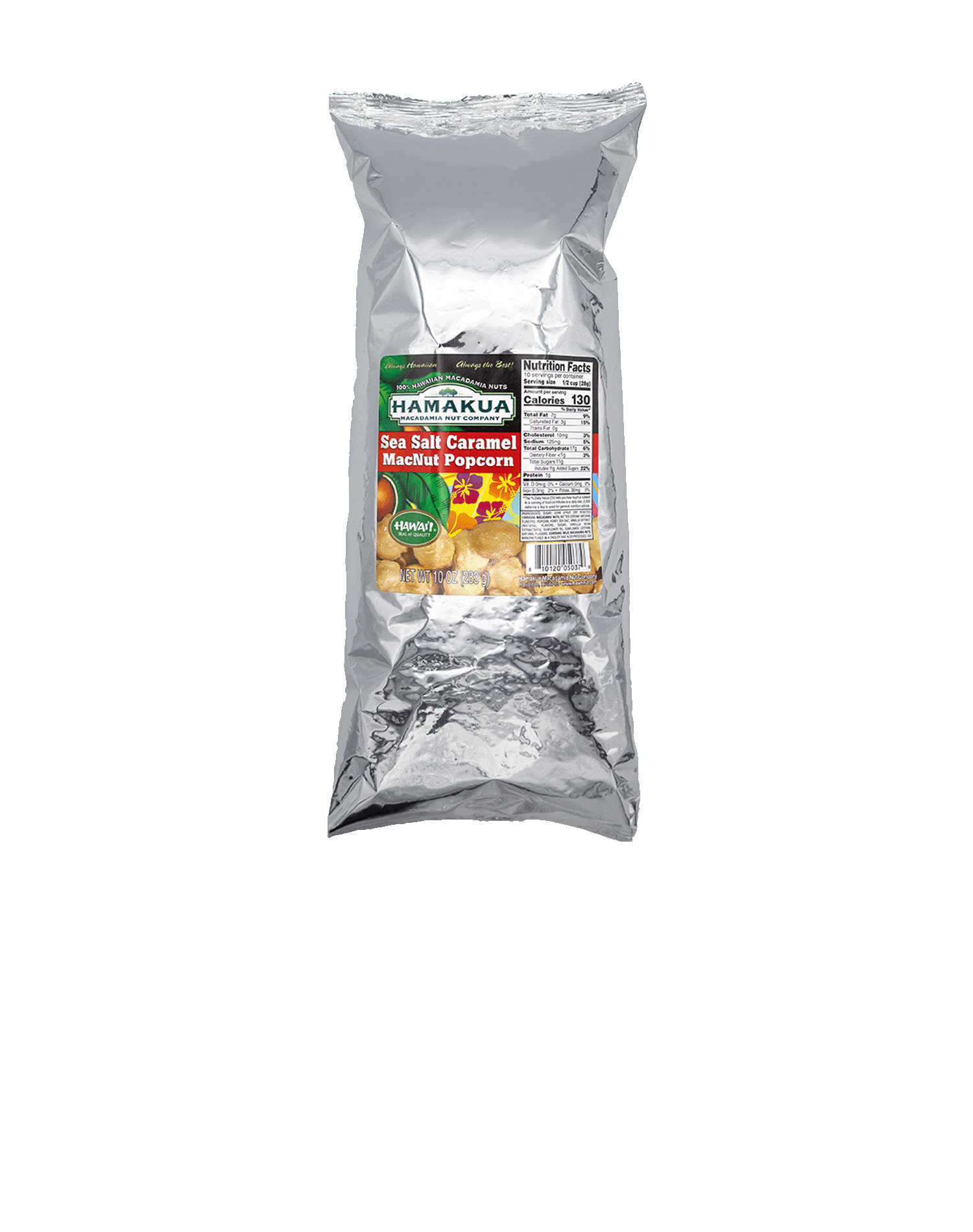 Silver foil package of Hāmākua Macadamia Nut Company Sea Salt Caramel Popcorn