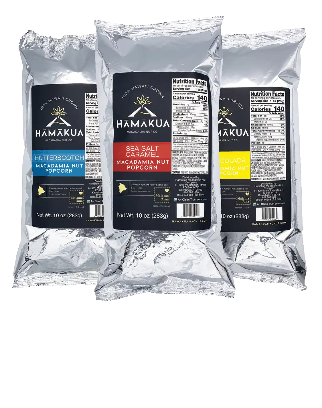Hāmākua Macadamia Nut Company Macadamia Nut popcorn in various flavor packaging