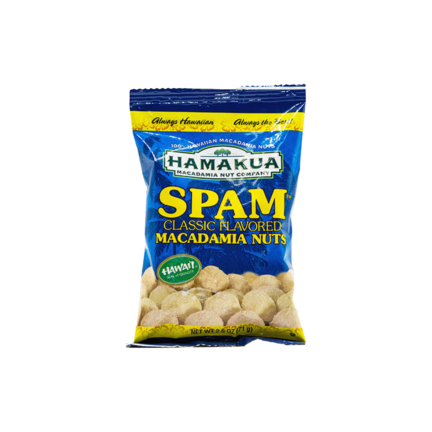 2.5oz pouch of macadamia nuts with Spam flavor branding