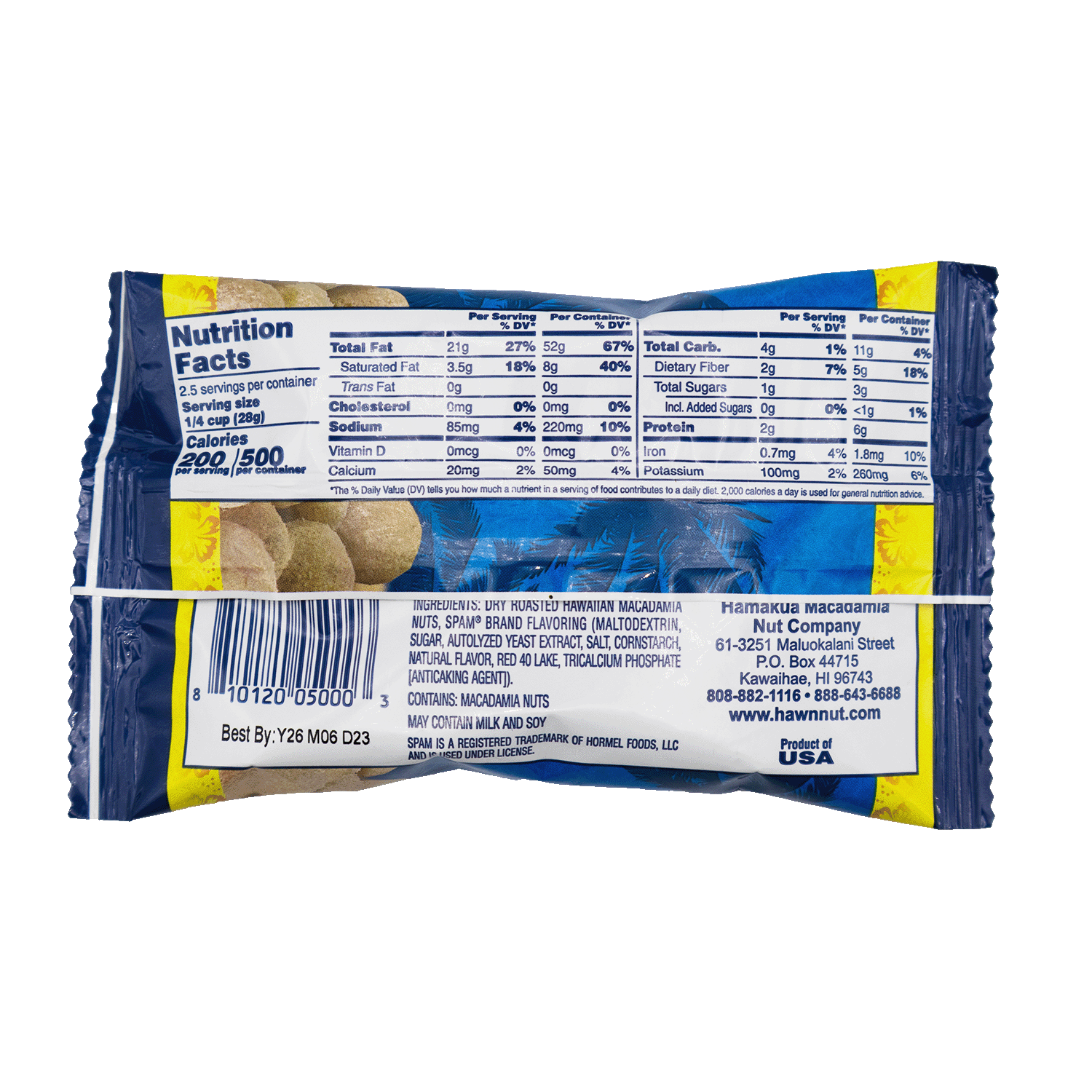Nutrition Panel of a 2.5oz pouch of Spam Flavored Macadamia Nuts