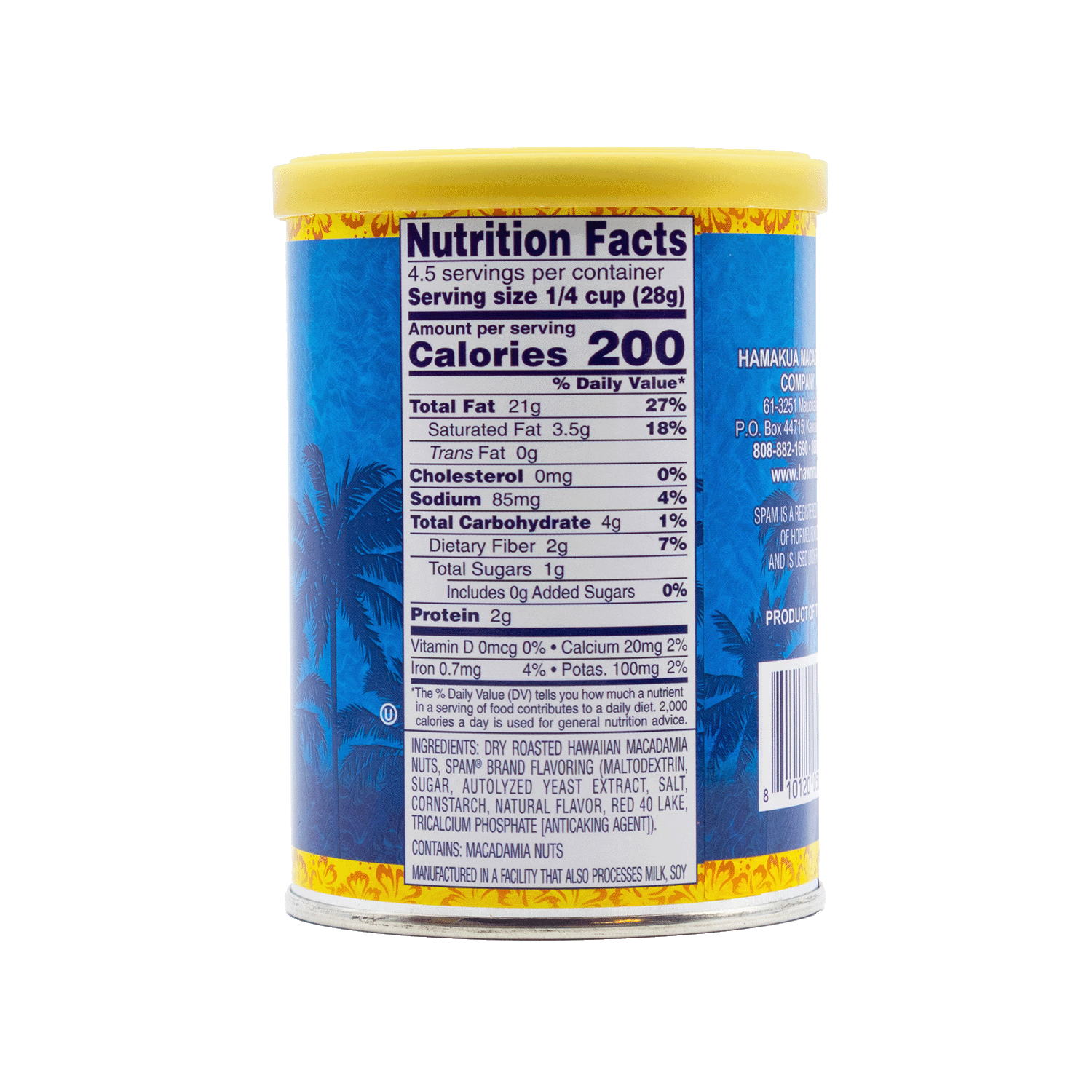Nutrition Panel of a 4.5oz can of Spam Flavored Macadamia Nuts