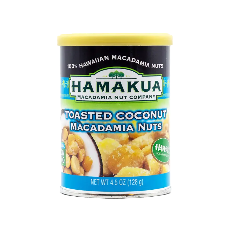4.5 oz can of Hāmākua Macadamia Nut Company Toasted Coconut Macadamia Nuts