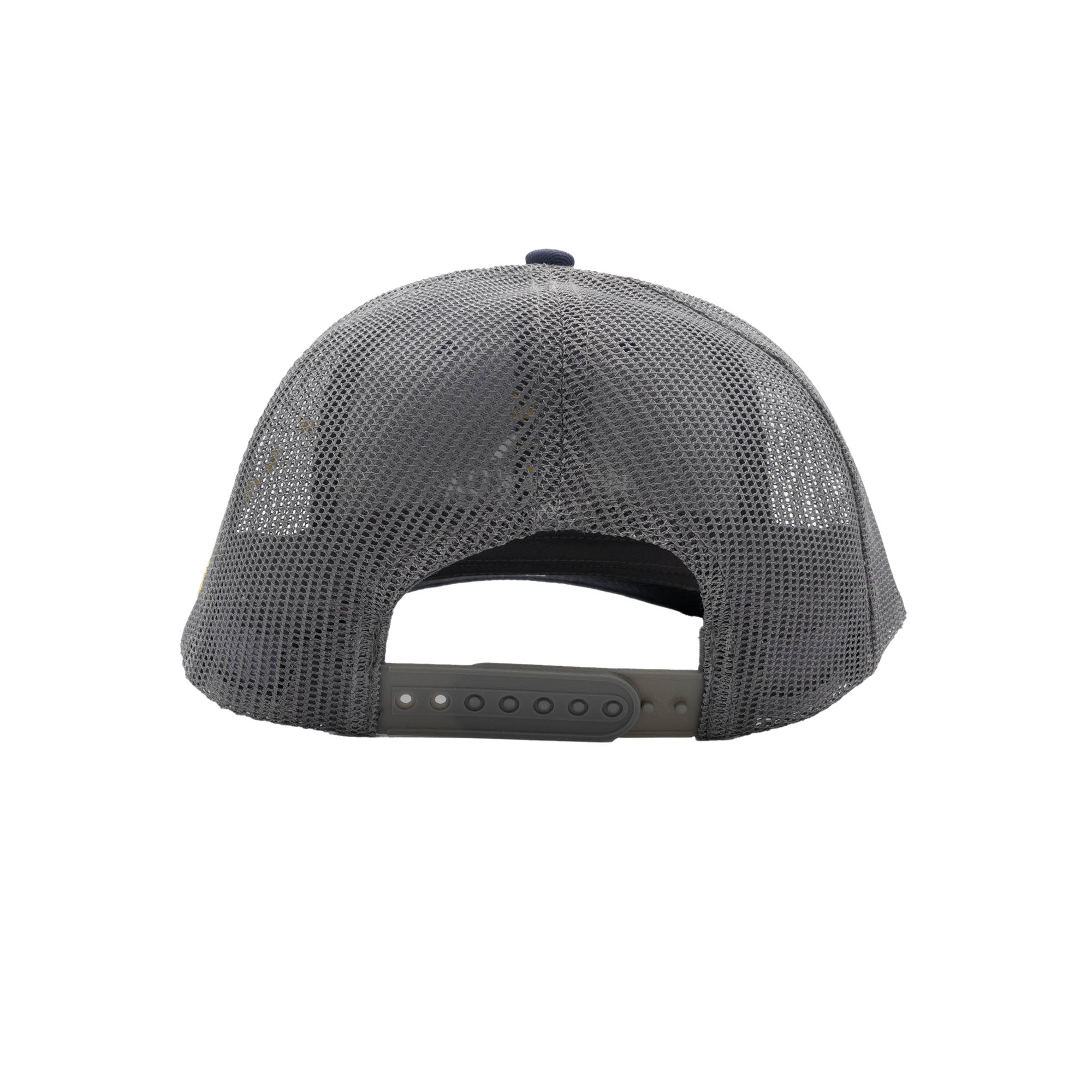 Back view of dark blue and gray mesh trucker hat with Hāmākua Macadamia Nut Co. logo