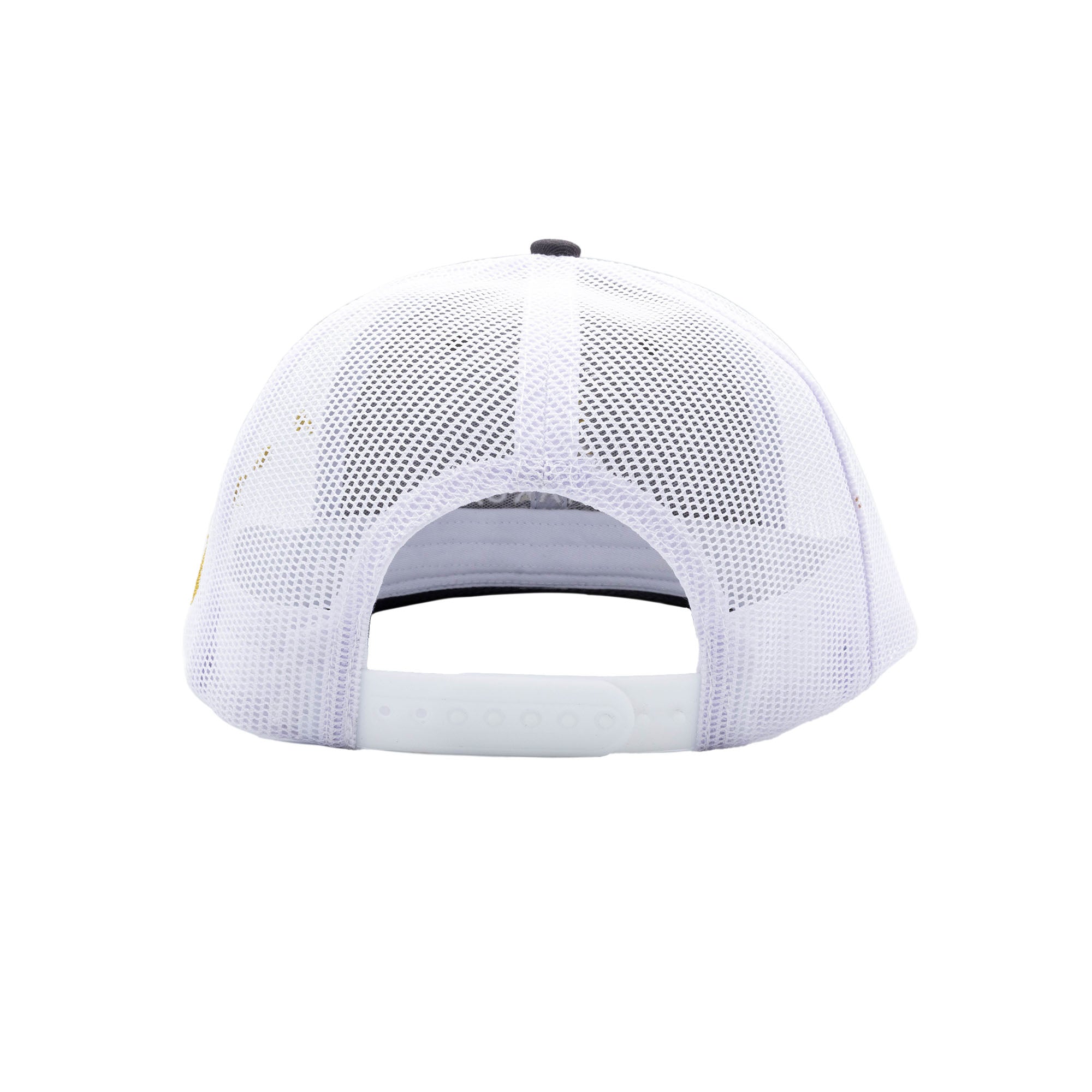 Back view of dark gray and white mesh trucker hat with Hāmākua Macadamia Nut Co. logo