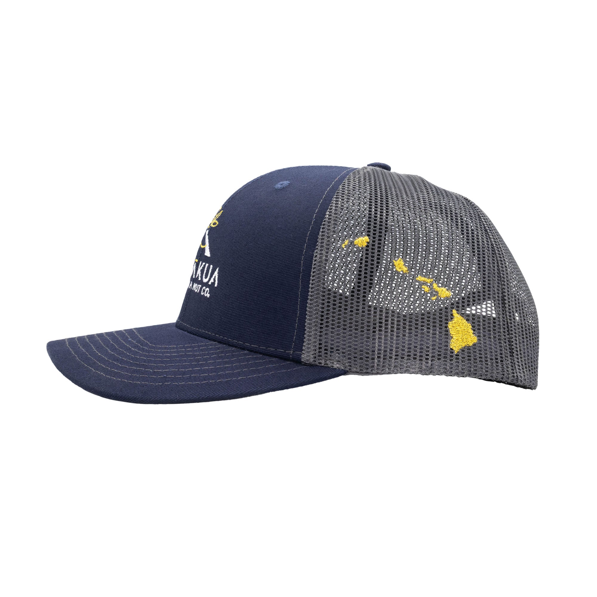 Navy and gray mesh trucker hat with gold embroidered Hawaiian Islands on the side.