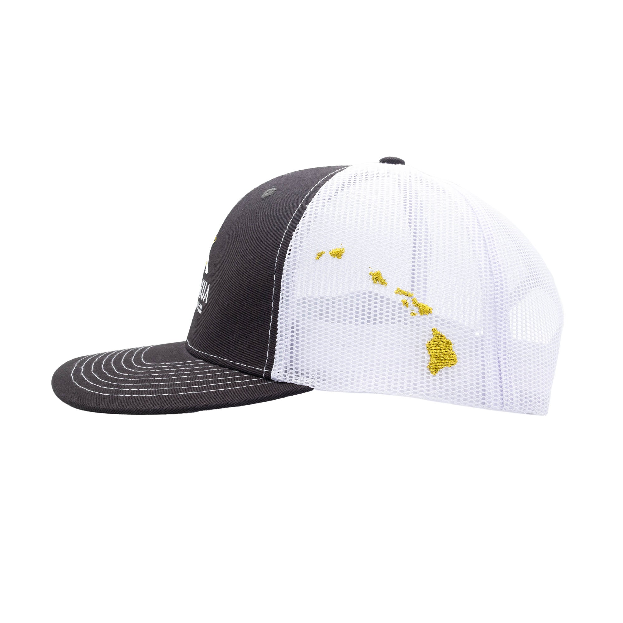 Dark gray and white mesh trucker hat with gold embroidered Hawaiian Islands on the side.