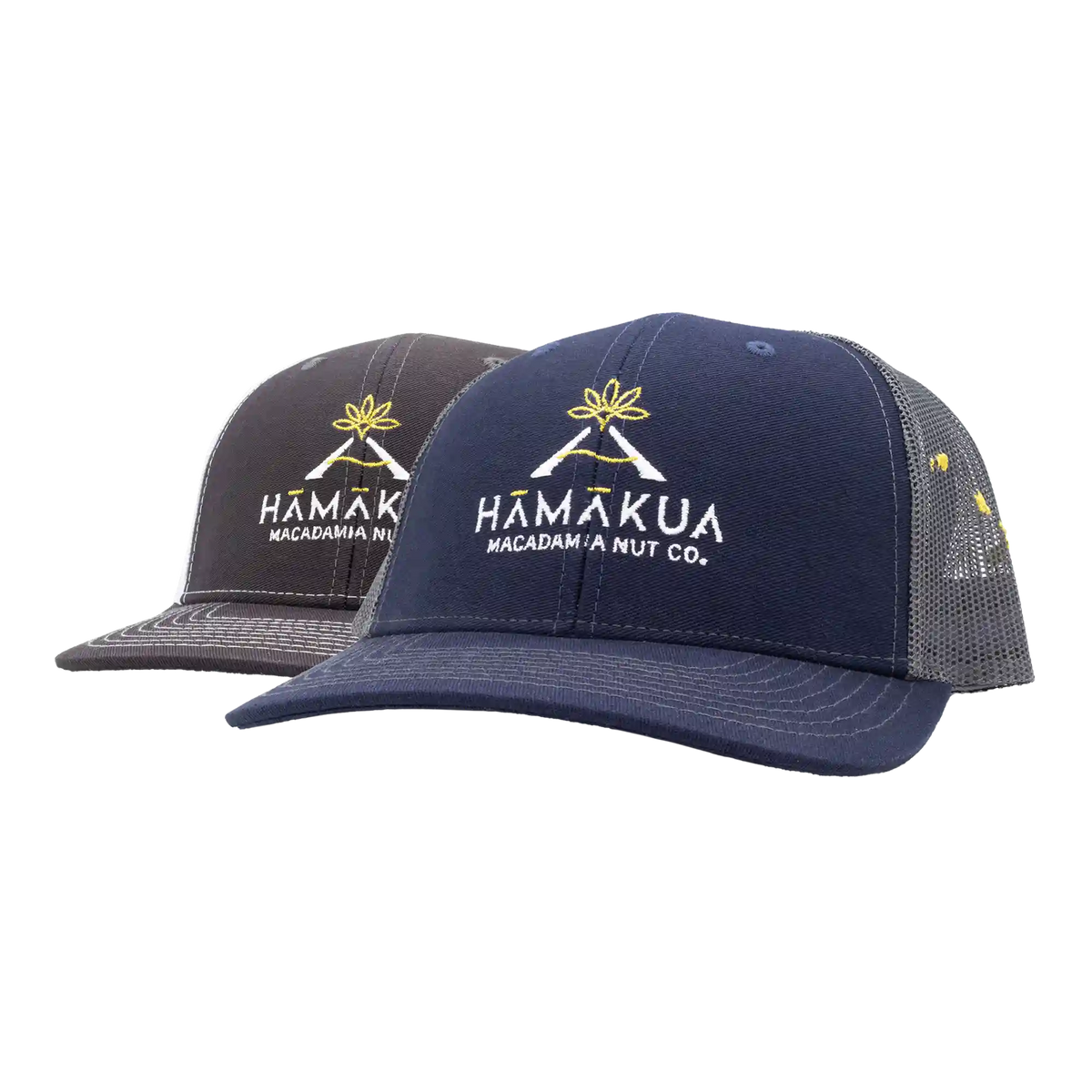 Two trucker hats with Hamakua Macadamia Nut Co. logos