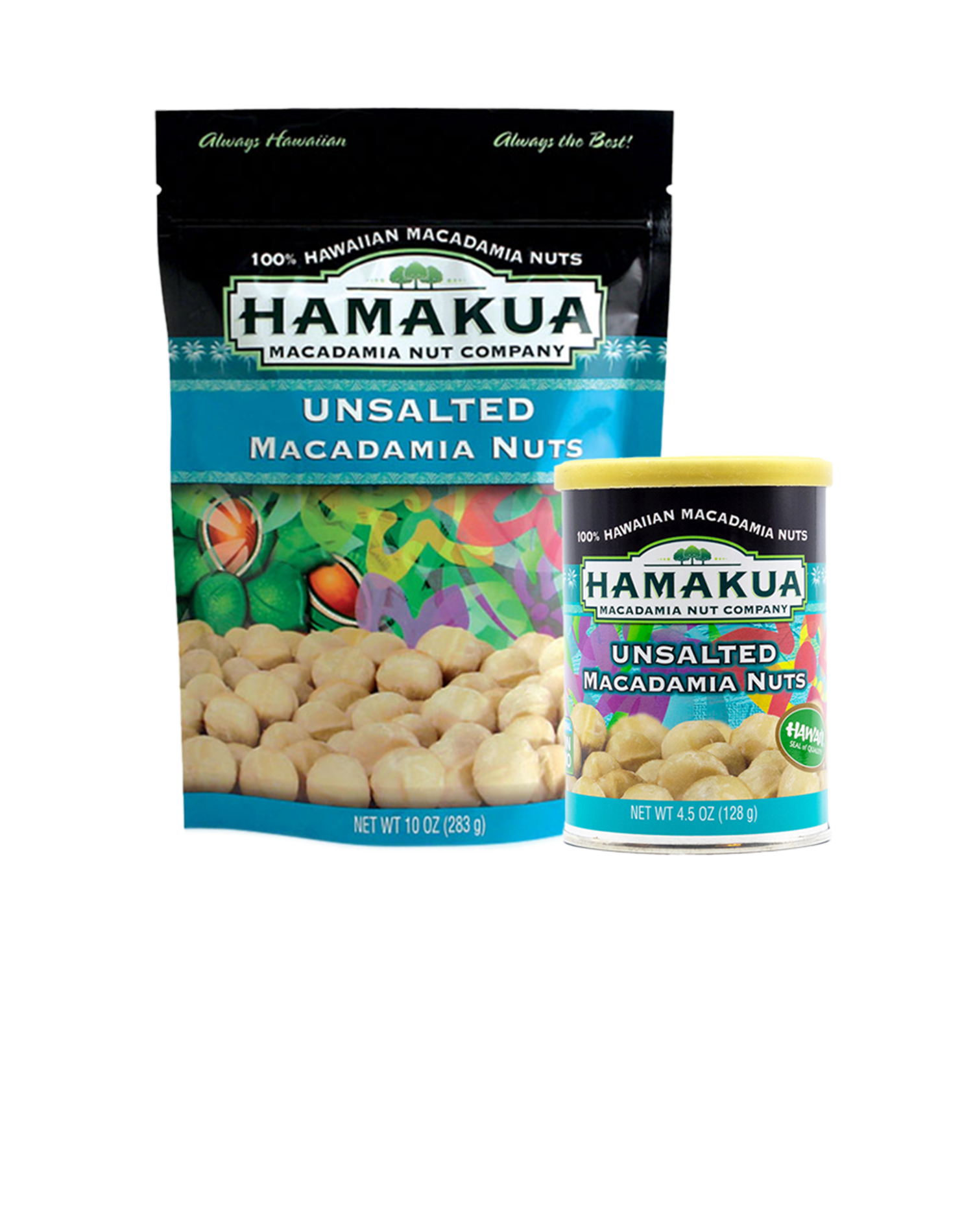 10oz pouch and 4.5oz can of Hāmākua Macadamia Nut Company Unsalted Macadamia Nuts