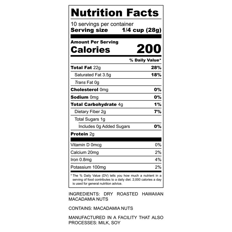 Nutrional label of 4.5oz can of Hāmākua Macadamia Nut Company Unsalted Macadamia Nuts