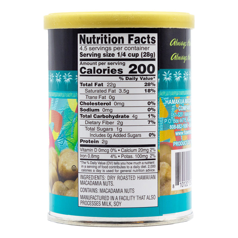 Nutrional label of 4.5oz can of Hāmākua Macadamia Nut Company Unsalted Macadamia Nuts