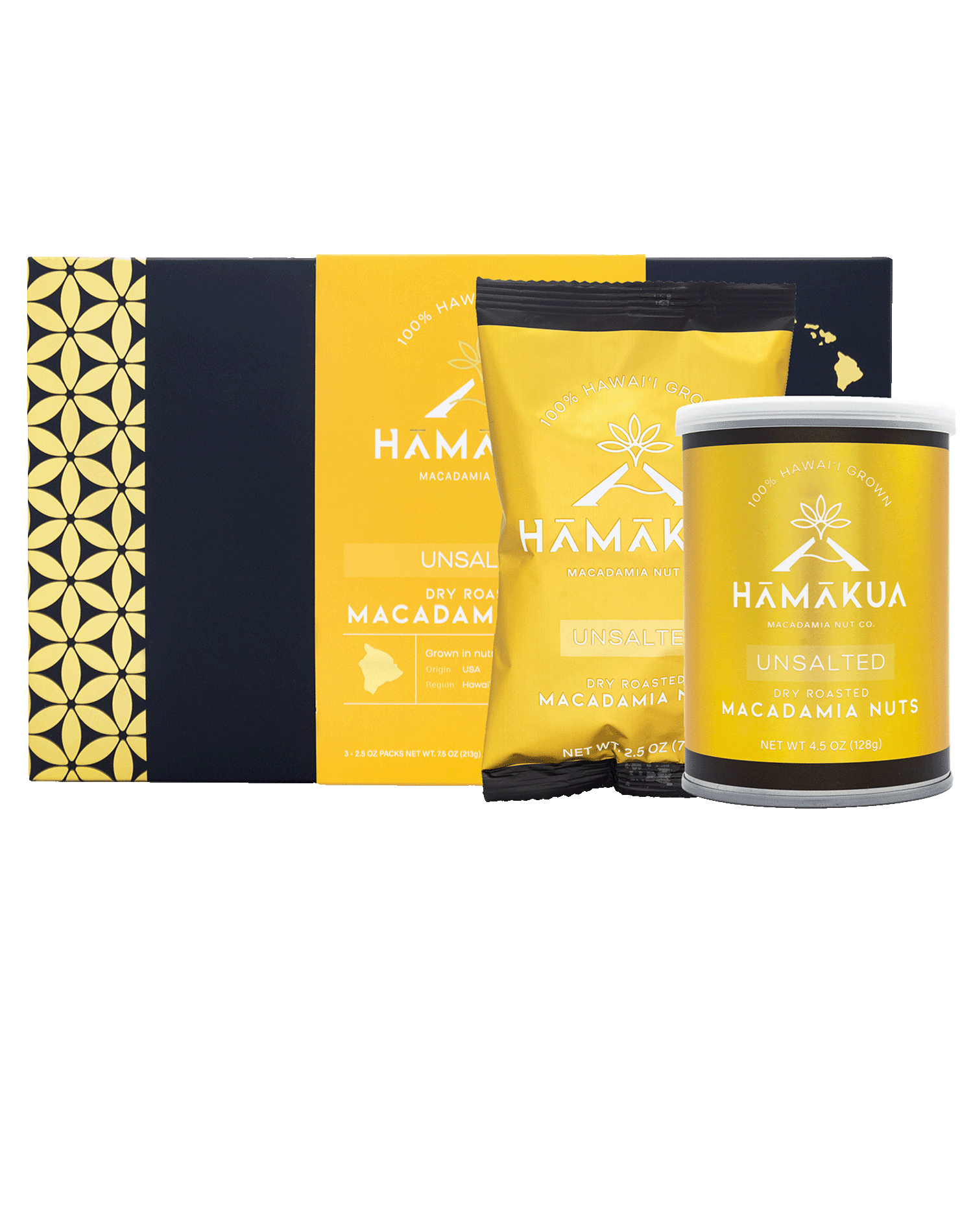 Hāmākua Macadamia Nut Company Unsalted Macadamia Nuts in various size packaging