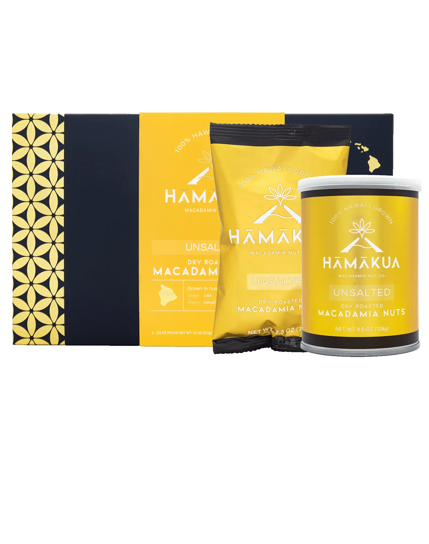 Hāmākua Macadamia Nut Company Unsalted Macadamia Nuts in various size packaging