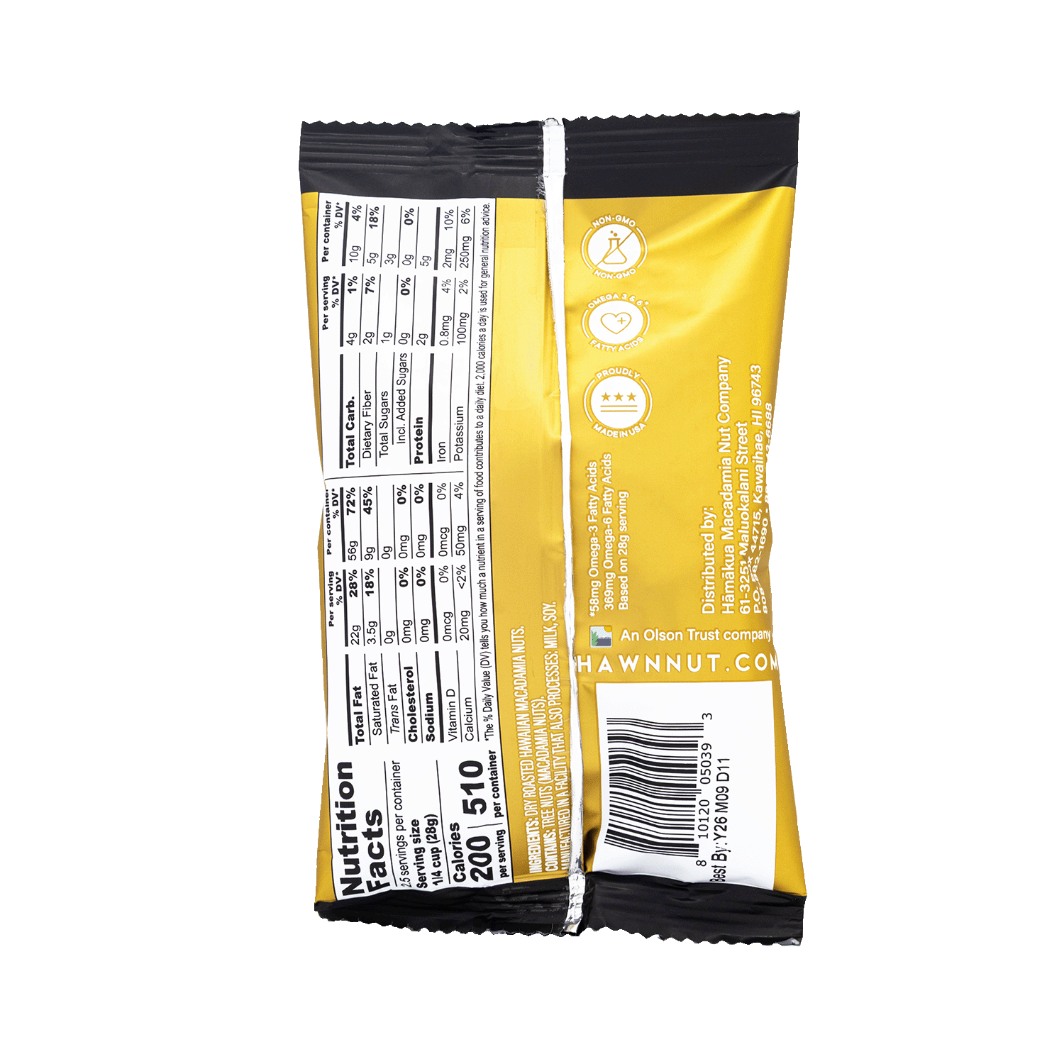 Hāmākua Macadamia Nut Company Unsalted macadamia nuts 2.5oz pouch nutrition label