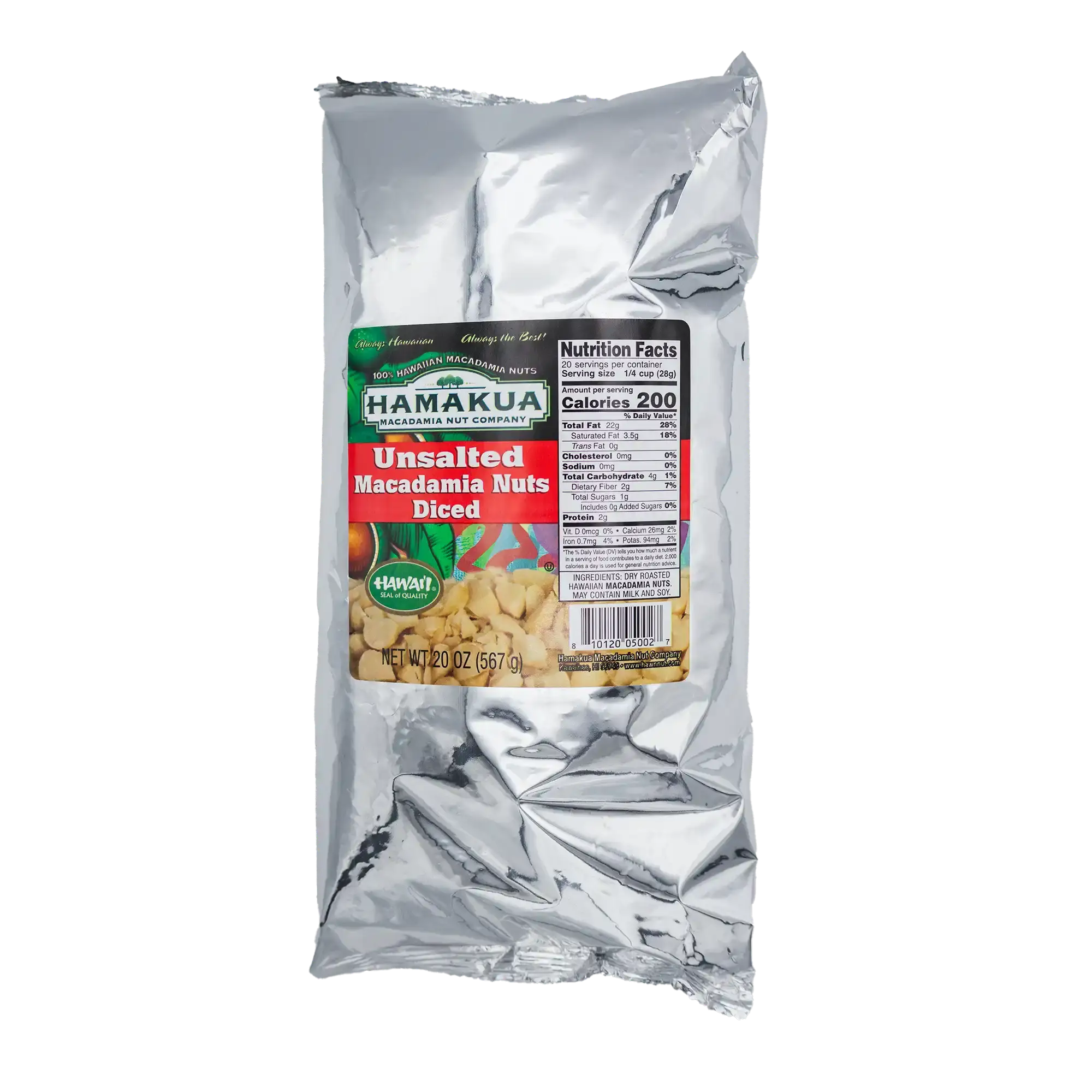 20oz silver foil bag of diced Hāmākua Macadamia Nut Co. unsalted macadamia nuts.