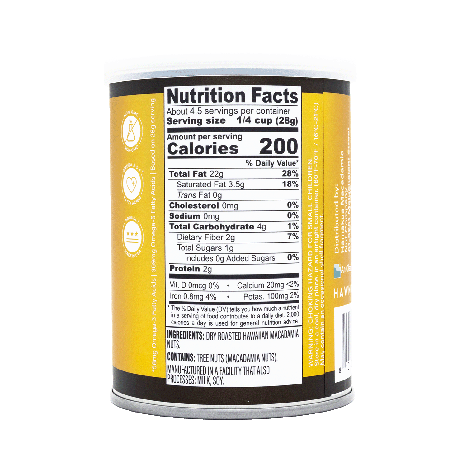 Hāmākua Macadamia Nut Company Unsalted macadamia nuts 4.5oz can nutrition label