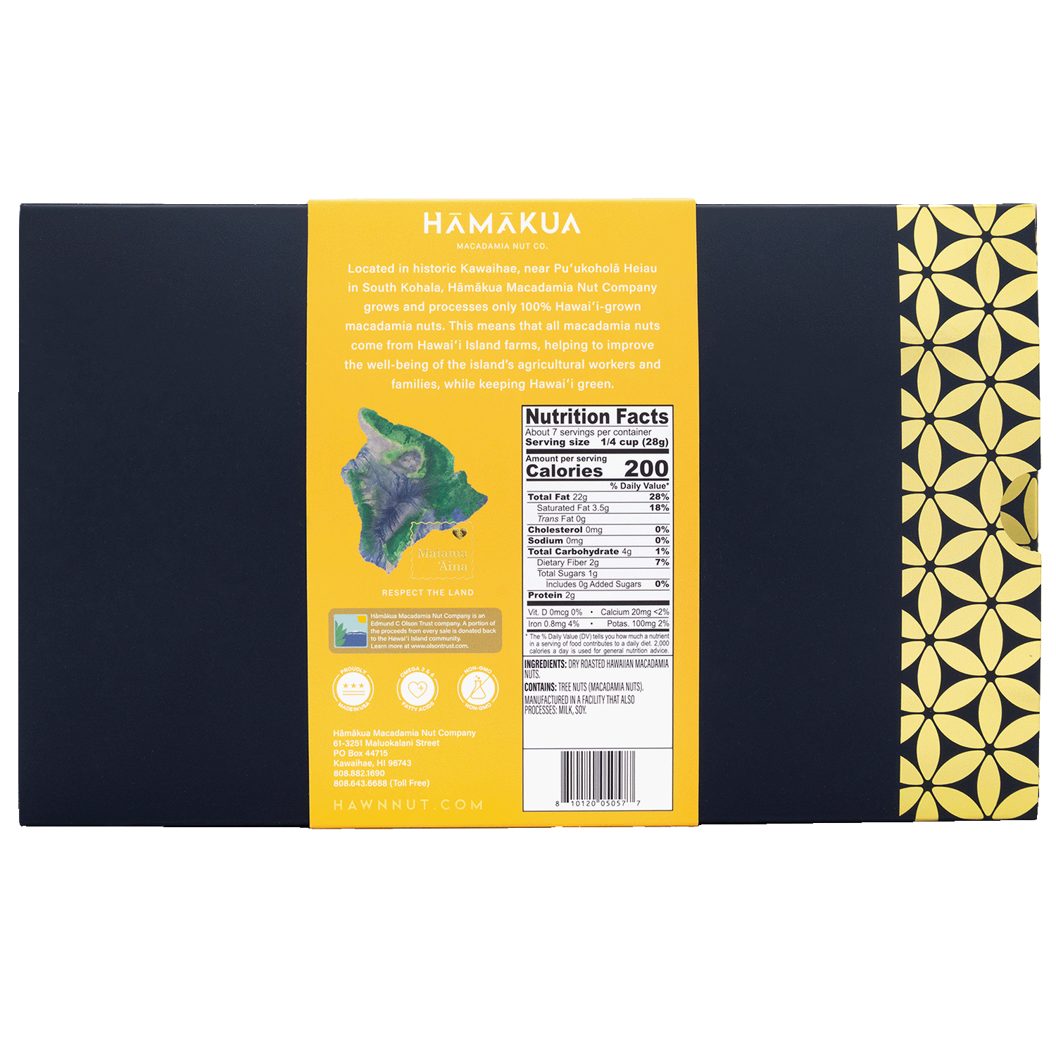 Hāmākua Macadamia Nut Company Unsalted macadamia nuts 7.5oz box nutrition label