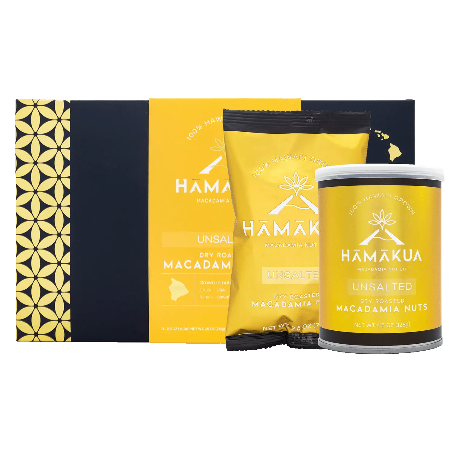 Hāmākua Macadamia Nut Company Unsalted Macadamia Nuts in various size packaging